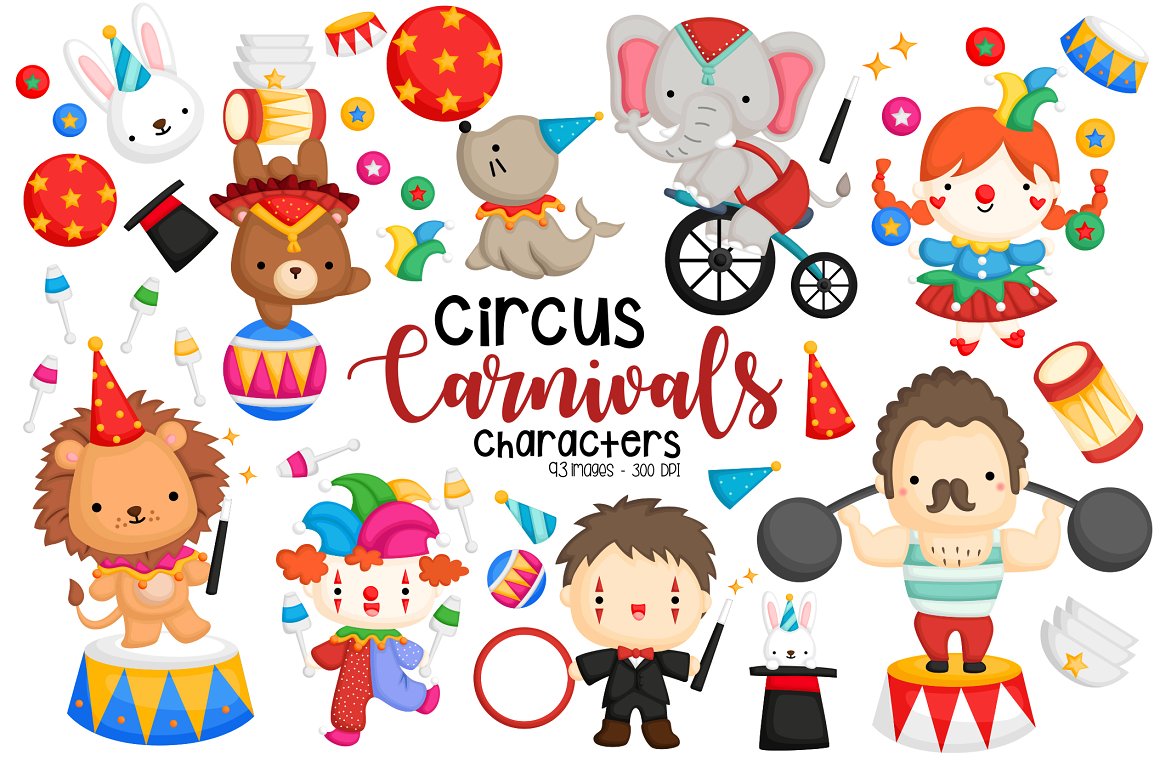 Cover with black and red lettering "Circus Carnivals Characters" and different illustrations.