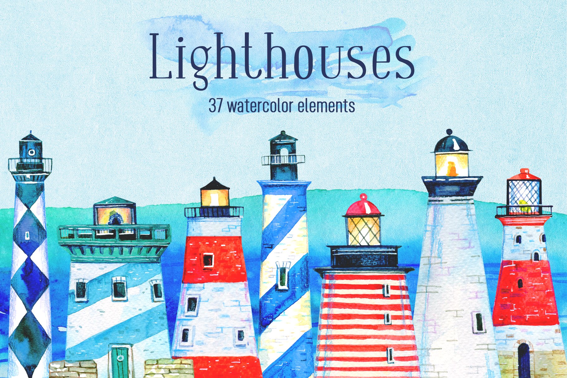 Lighthouses - 37 watercolor elements.