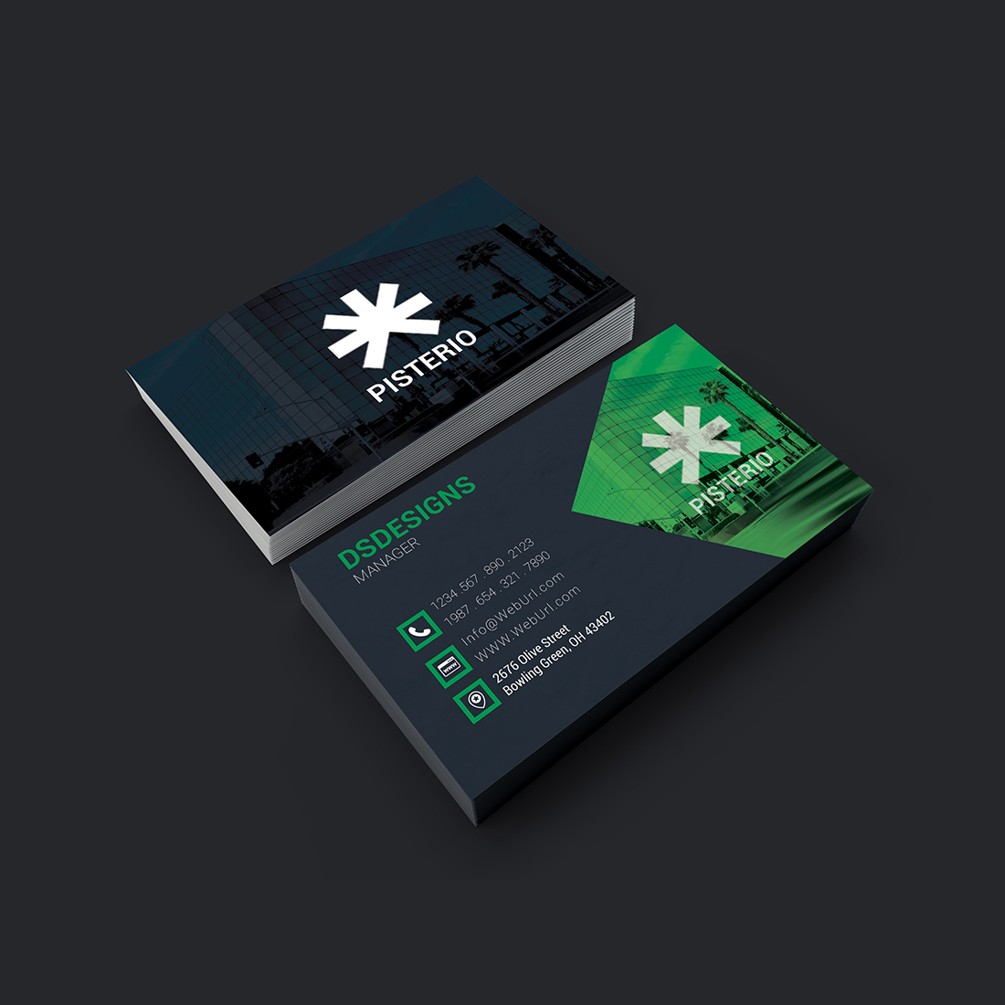 Dark Blue and Green Business Card Design preview.