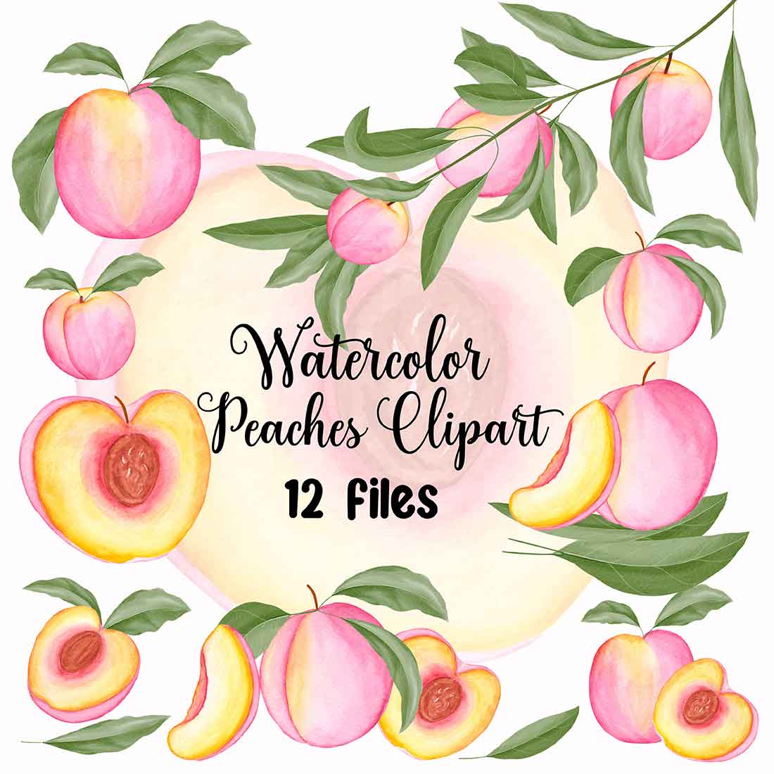 Watercolor Peaches Clipart Set main cover.