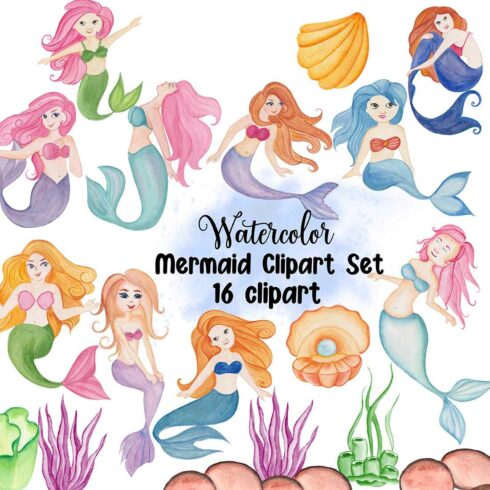 Set of adorable watercolor images of little mermaids