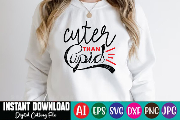 Picture of a white sweatshirt with a unique cuter than cupid slogan