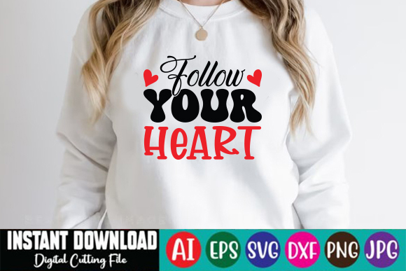 Picture of a white sweatshirt with elegant follow your heart slogan