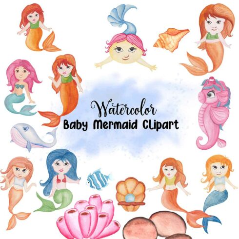Watercolor Baby Mermaid Clipart Design cover image.