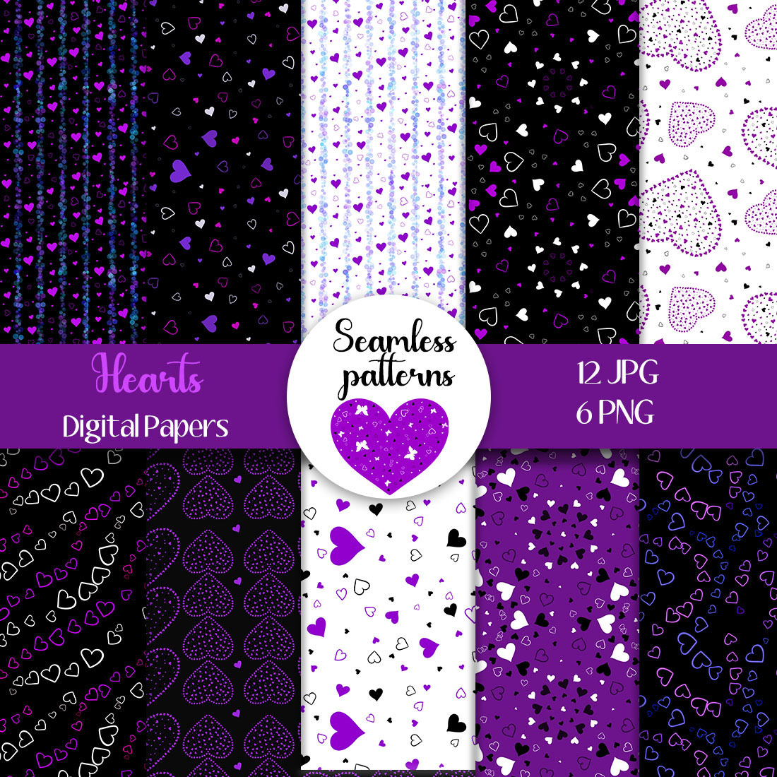 Seamless Template with Purples Hearts.