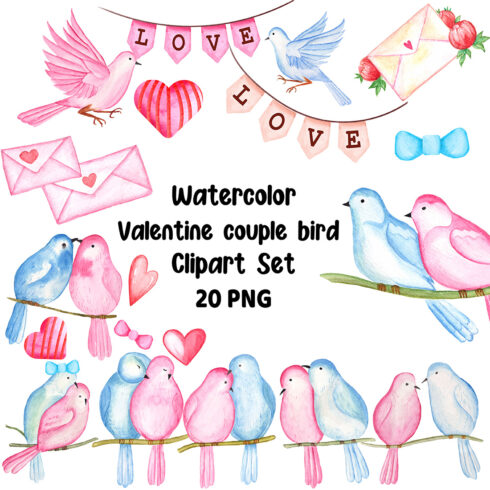 Watercolor Valentine Couple Bird Clipart Set main cover.