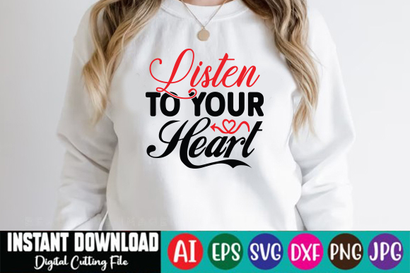 Picture of a white sweatshirt with an exquisite "listen to your heart" slogan