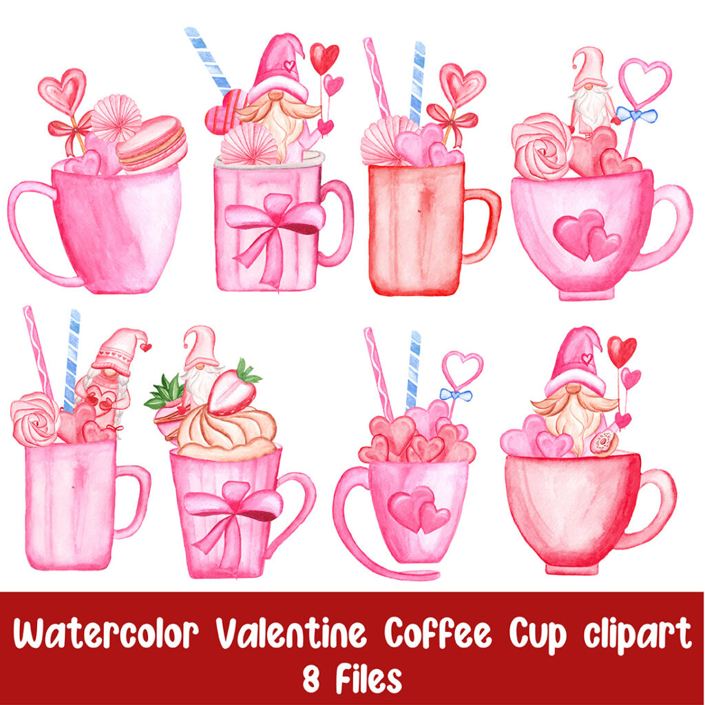 Watercolor Valentine Coffee Cup Clipart Set - Masterbundles