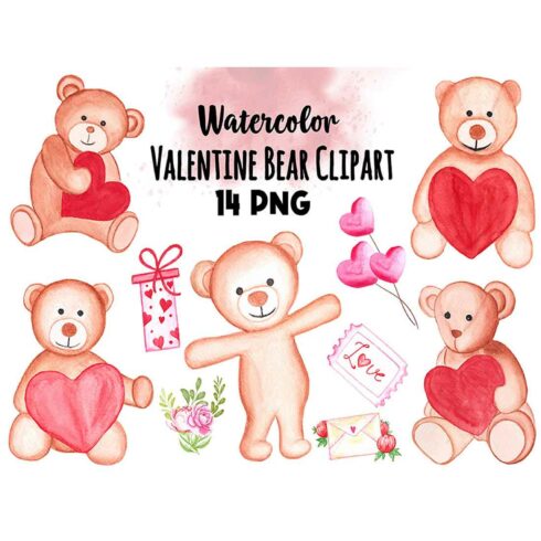 Watercolor Valentine Bear Clipart Set - MasterBundles