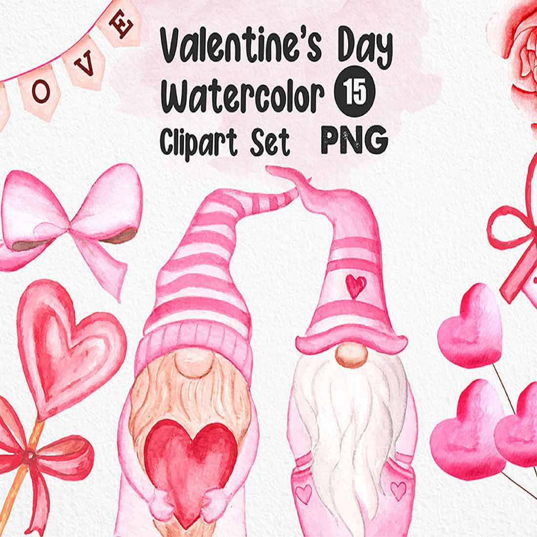 A set of gorgeous watercolor images on the theme of Valentines Day