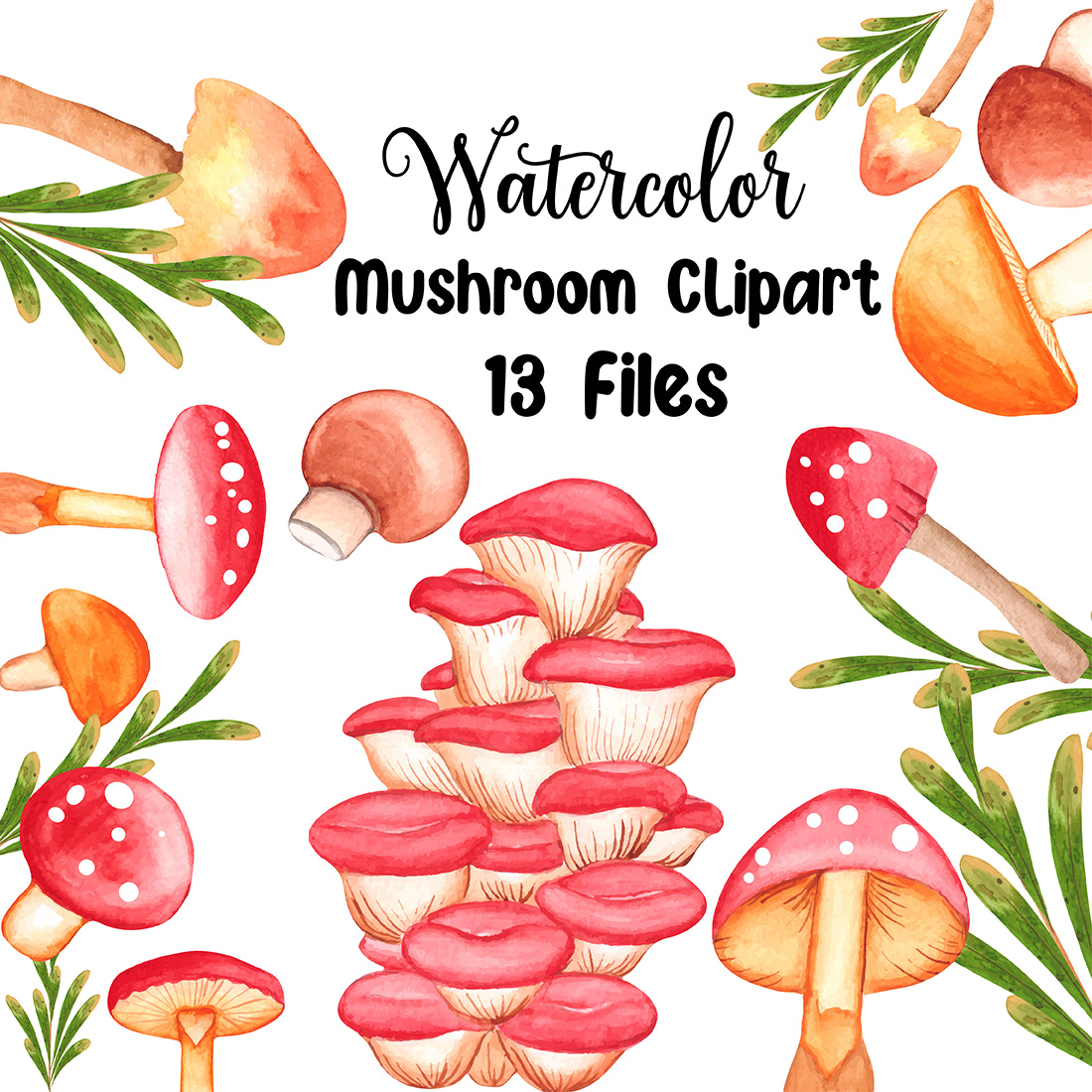 Watercolor Mushroom Clipart Set main cover.