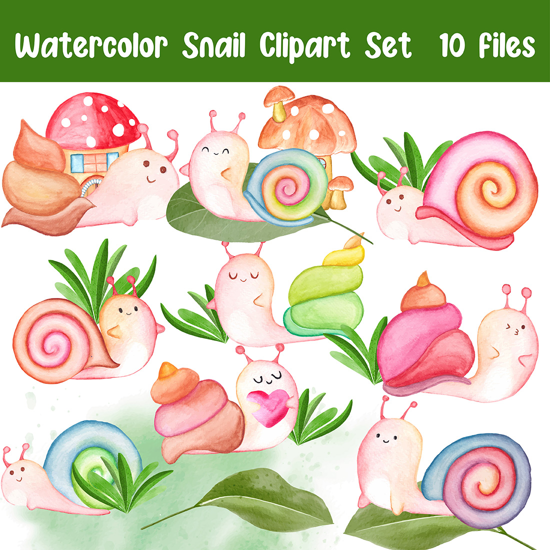 Watercolor Snail Clipart Set cover image.