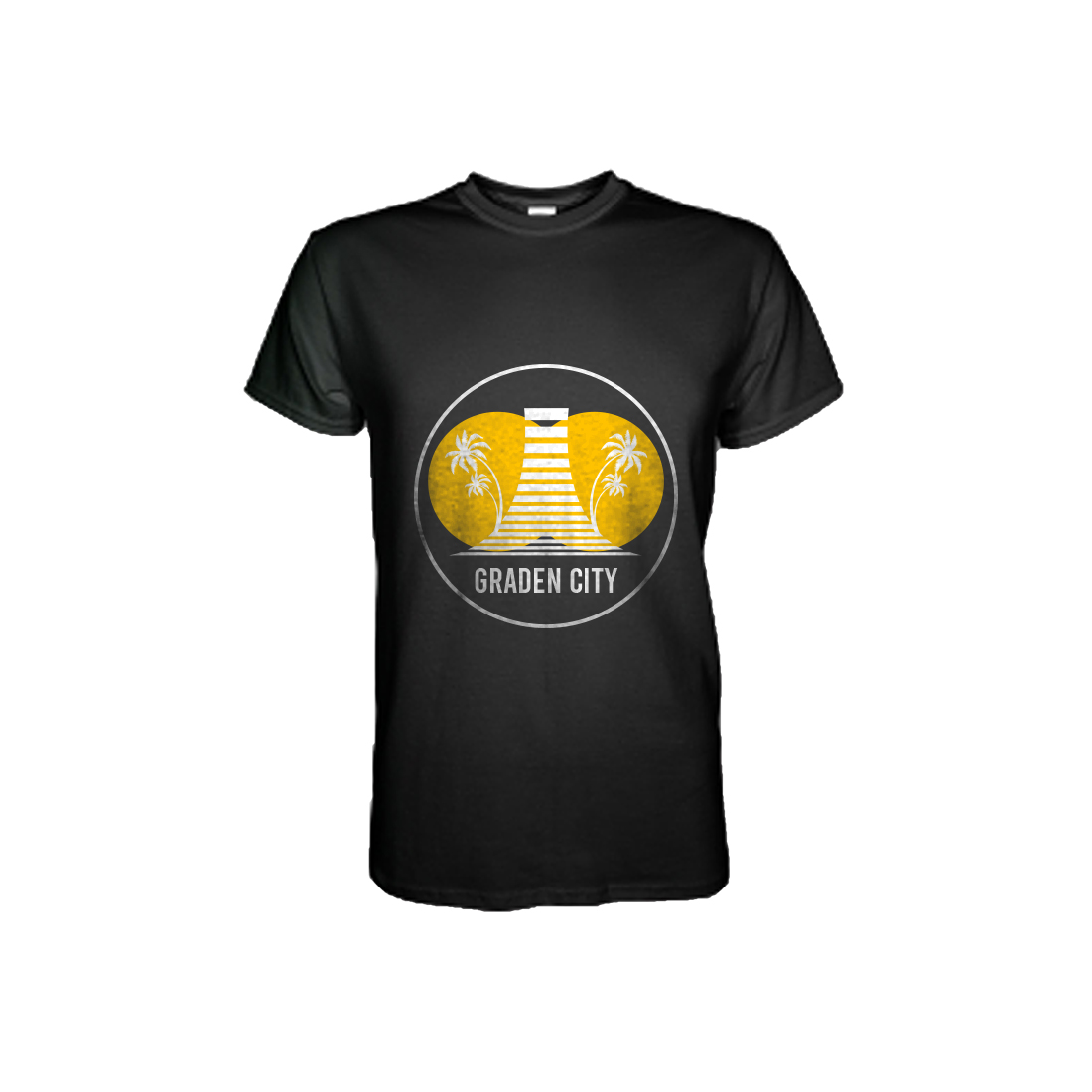 Image of a black t-shirt with wonderful garden city print