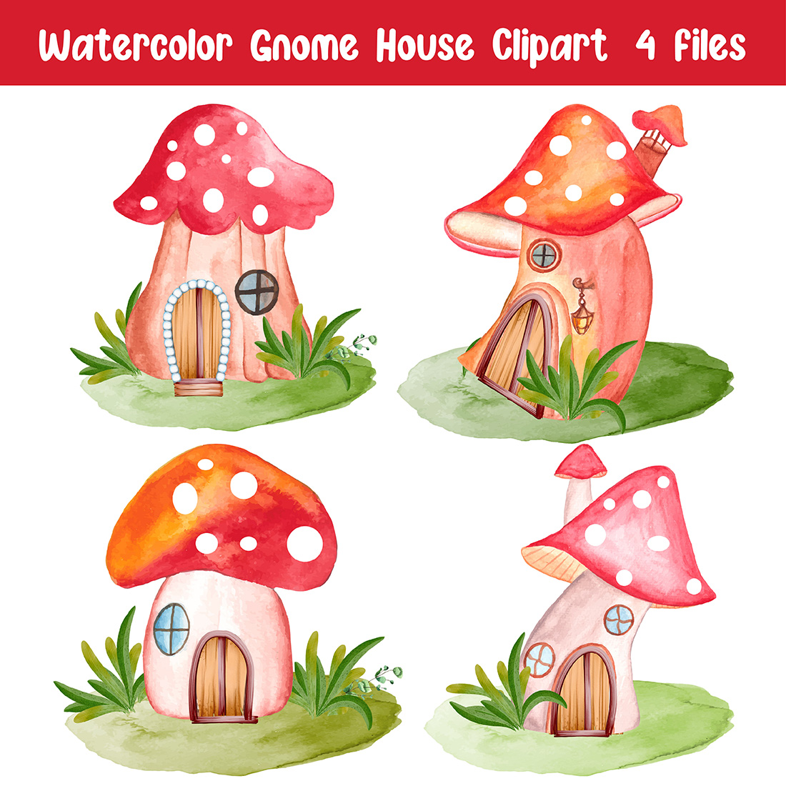 Pack of gorgeous watercolor images of gnome houses