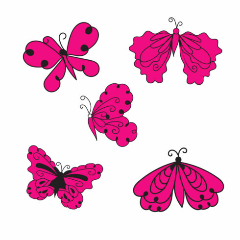 Group of pink butterflies flying in the air.