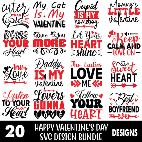 A set of charming images for prints on the theme of Happy Valentines Day