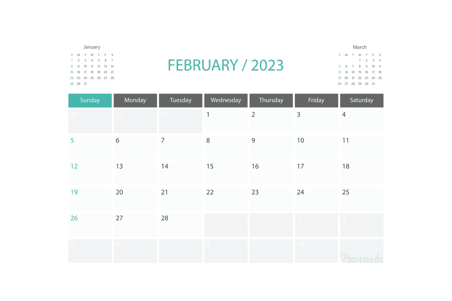 Gray calendar for February with green accents.