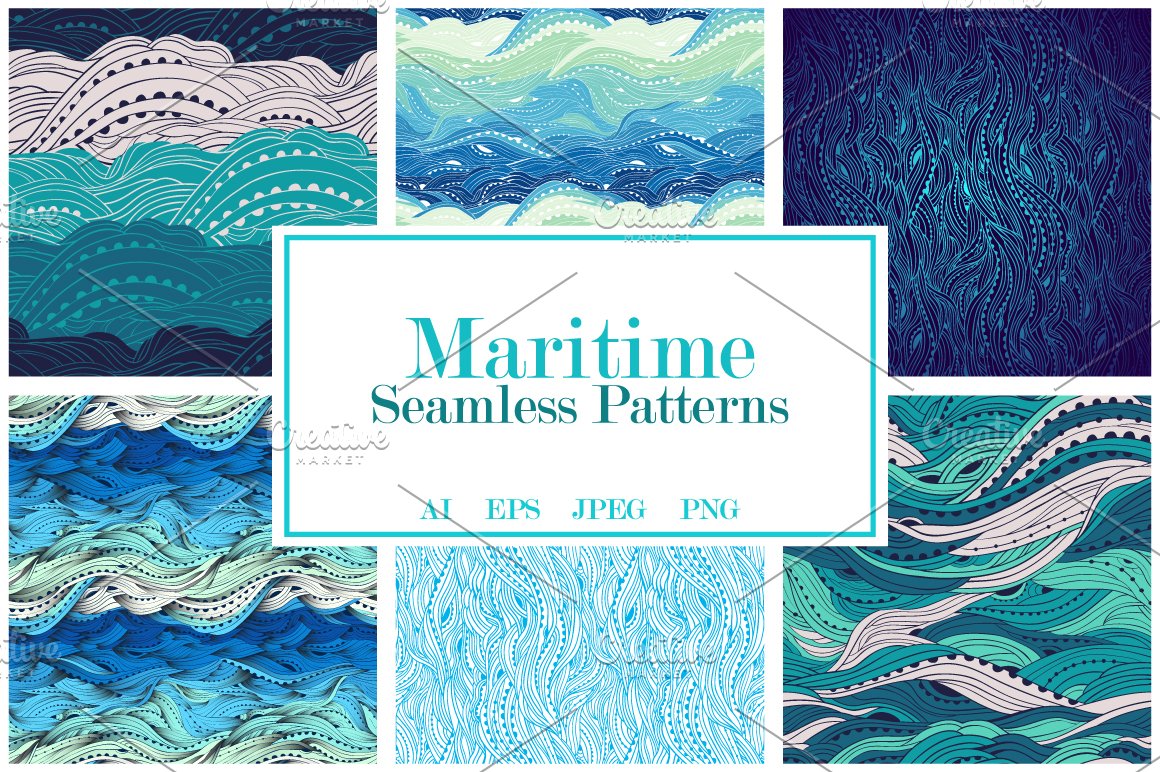 Cover with turquoise lettering "Maritime Seamless Patterns" and 6 different patterns.