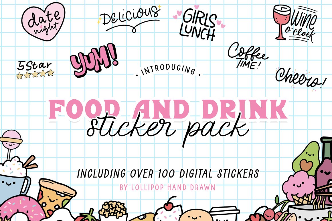 Cover with pink lettering "Food and Drink" and different stickers.