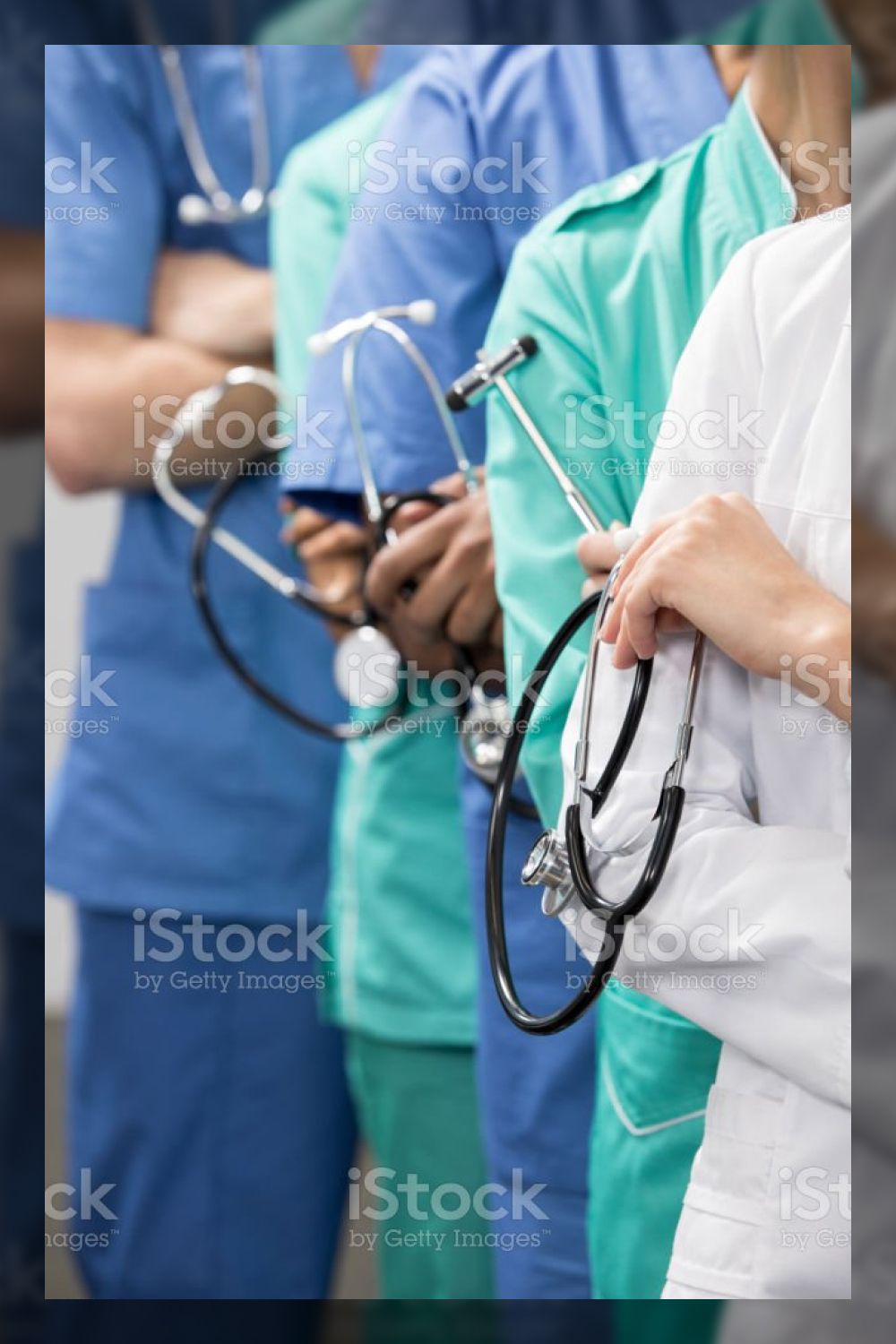 Partial view of group of medical workers with equipment in laboratory stock photo.
