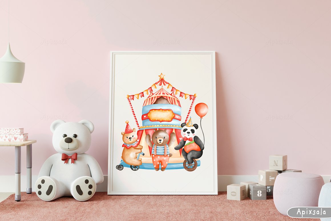 Watercolor wall art of circus animals in white frame.