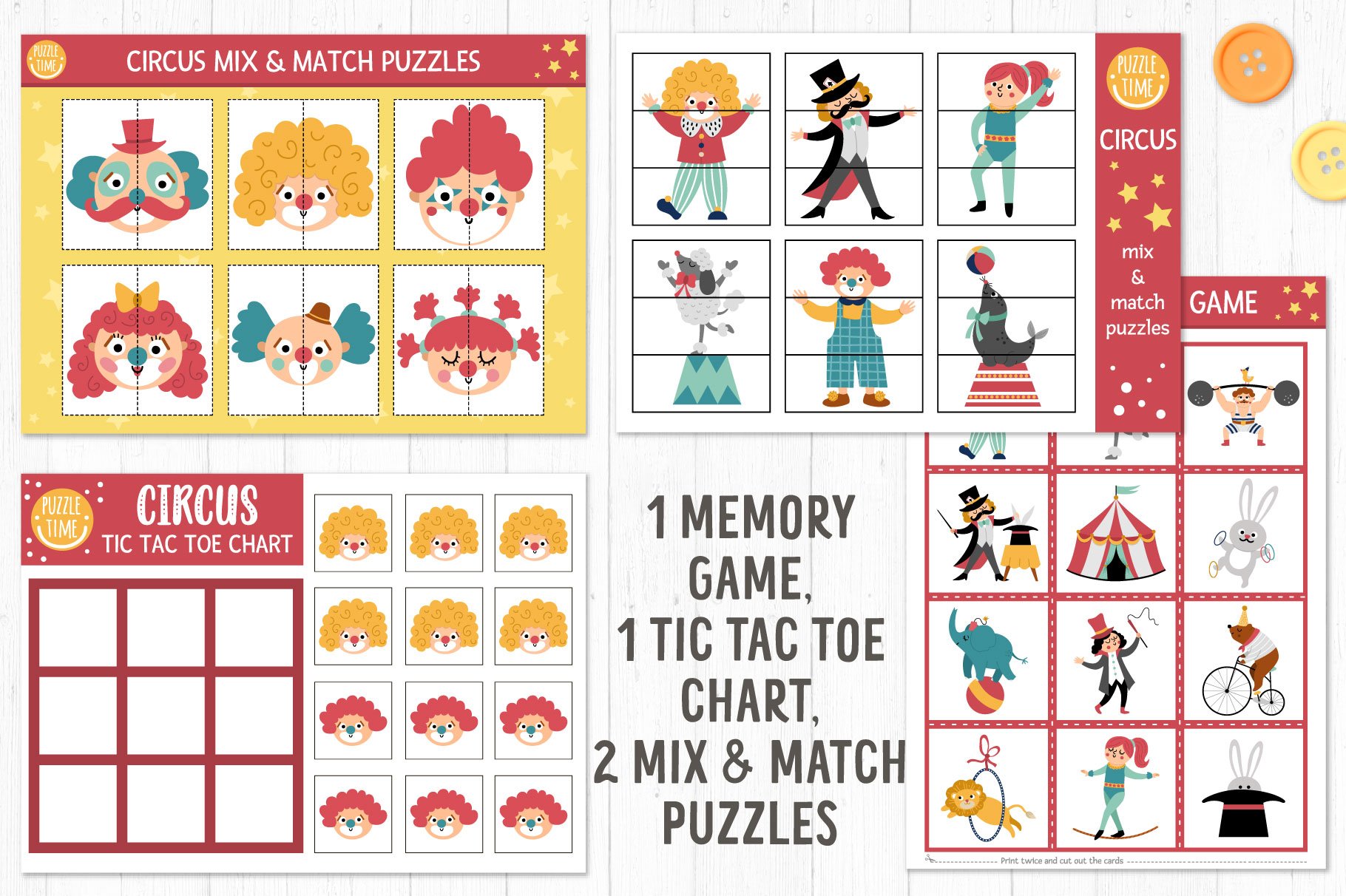 Memory game, tic tac toe chart, mix & match puzzles.