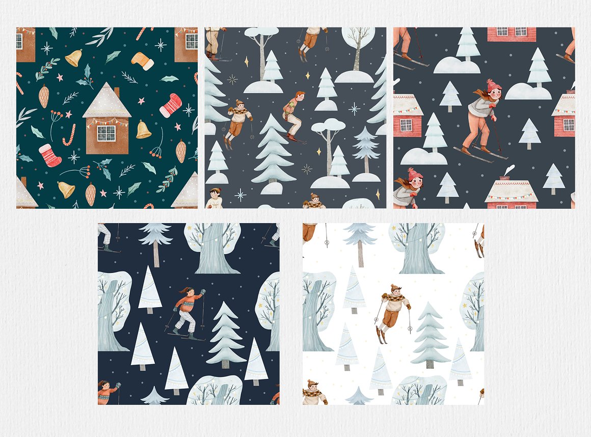 5 different seamless patterns of christmas on a gray background.