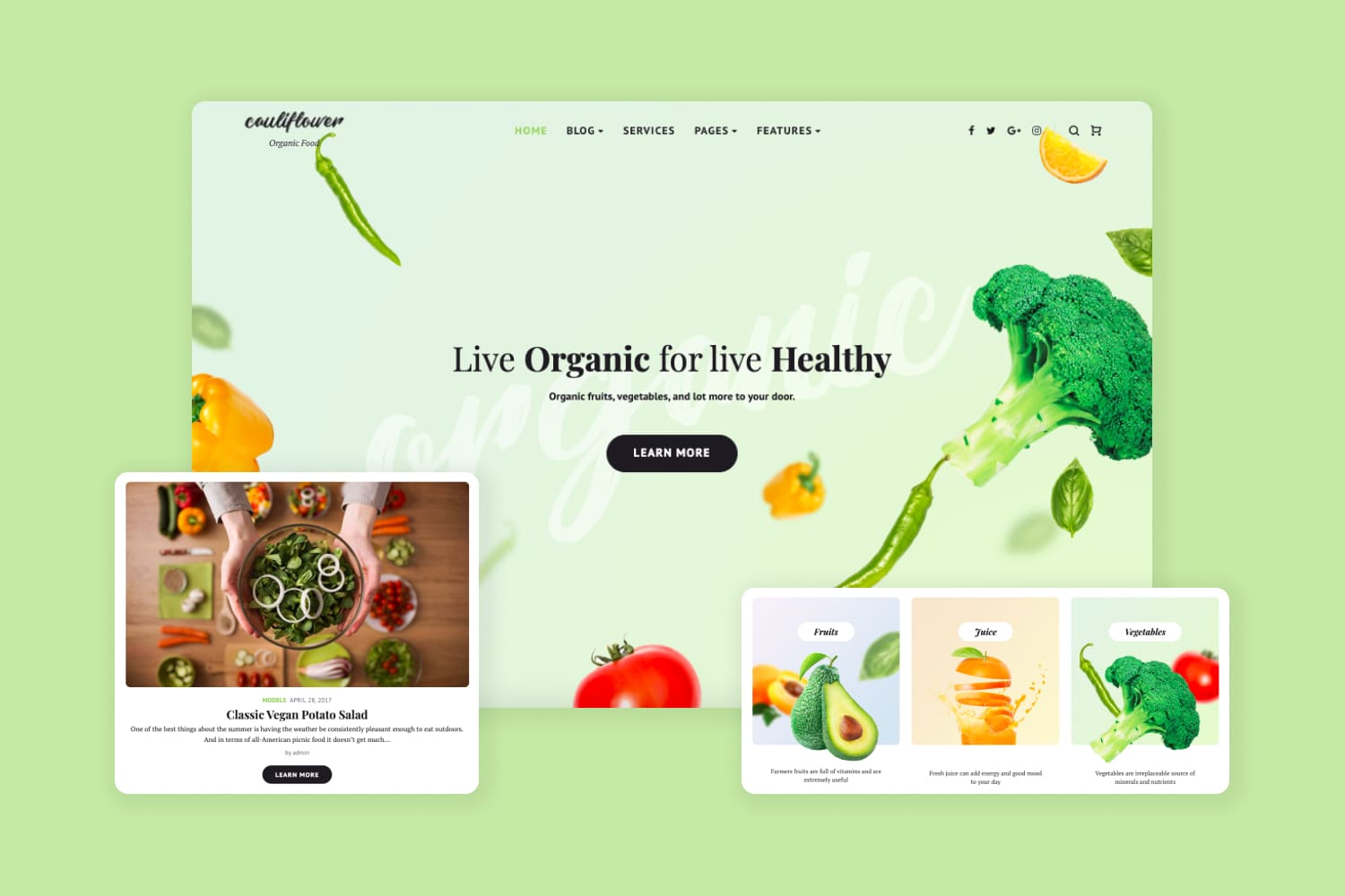 Collage of screenshots of website pages with photos of fruits and vegetables.