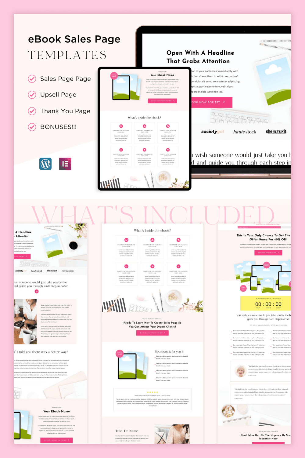 A collage of landing page screenshots with drawings, benefits, in pink.