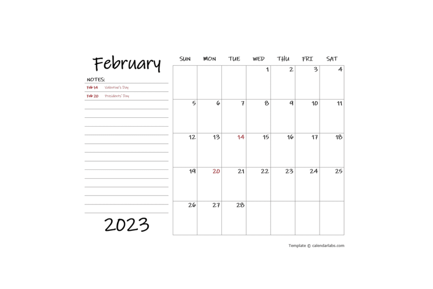 Calendar for February with holidays and a large space for notes on the left.