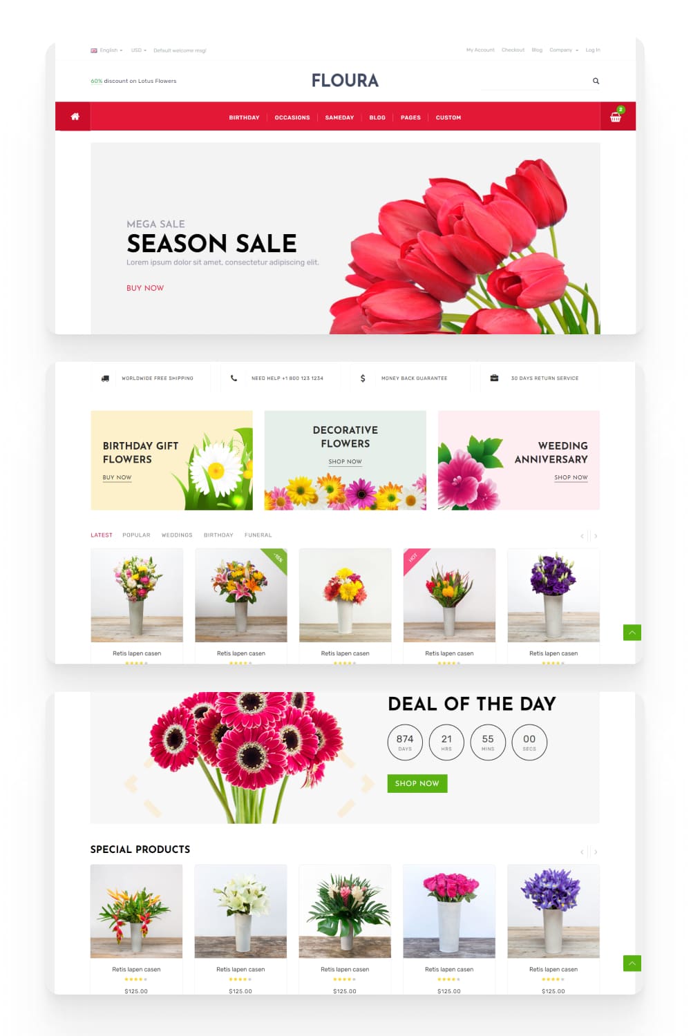 Screenshot of an online store with photos of original bouquets in vases.