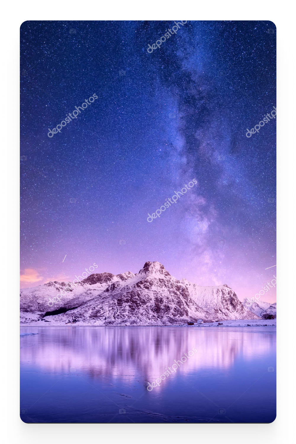Photo of mountains by the sea in purple colors.