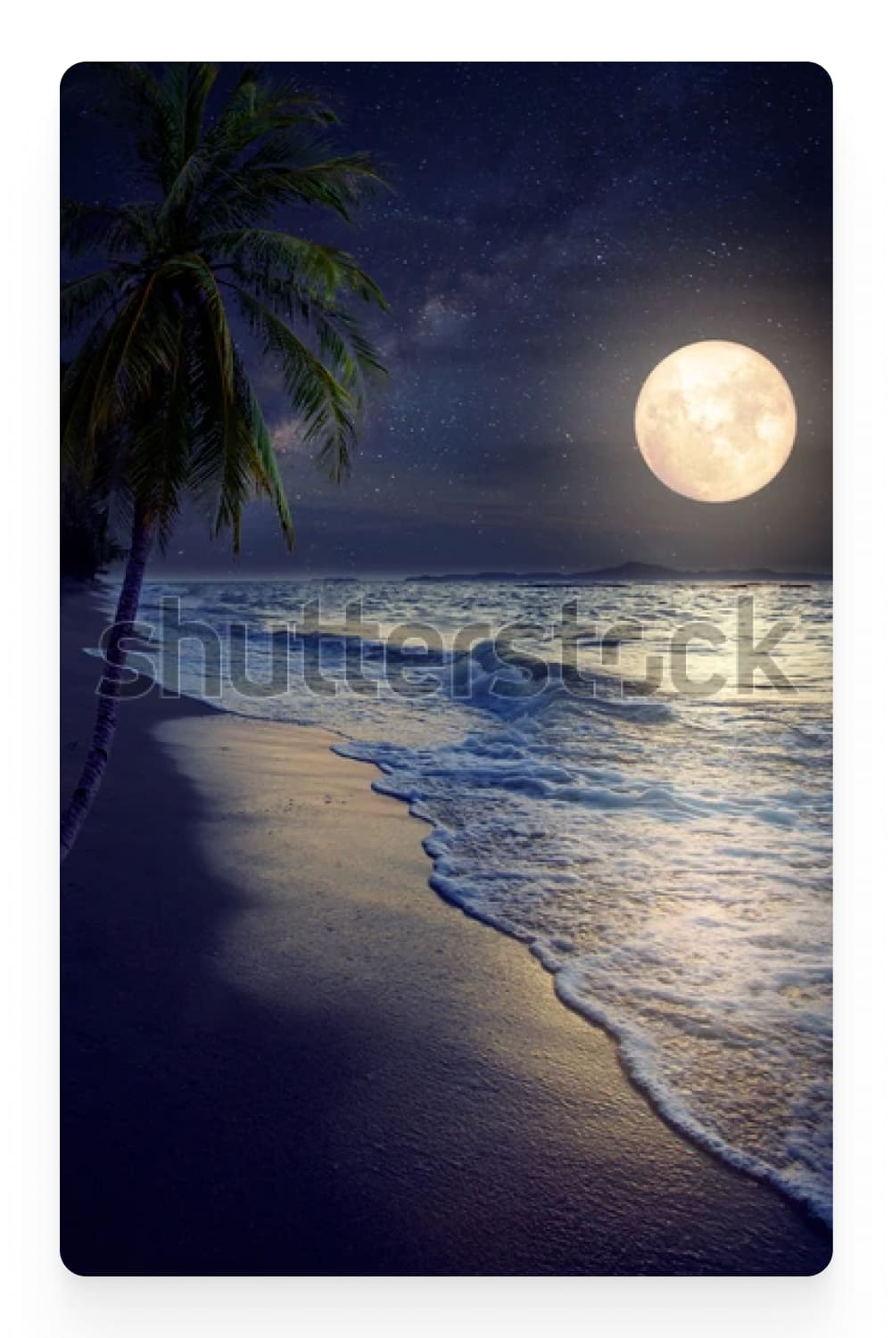 Photo of a full moon over a tropical beach.