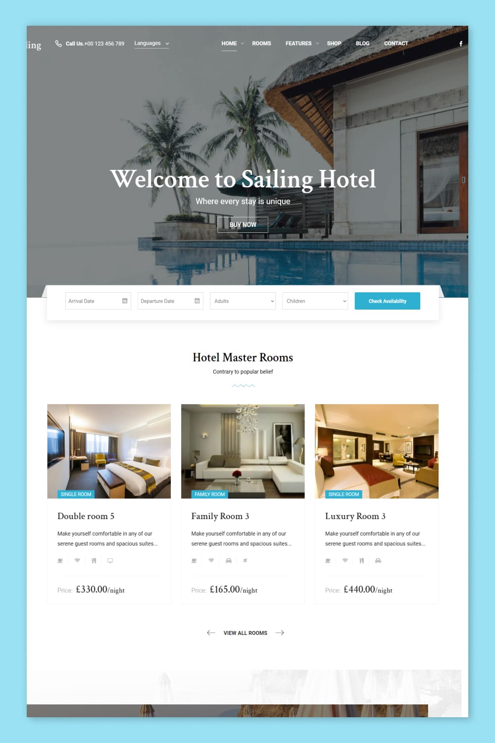 Screenshot of a hotel theme with a photo of the pool and rooms.