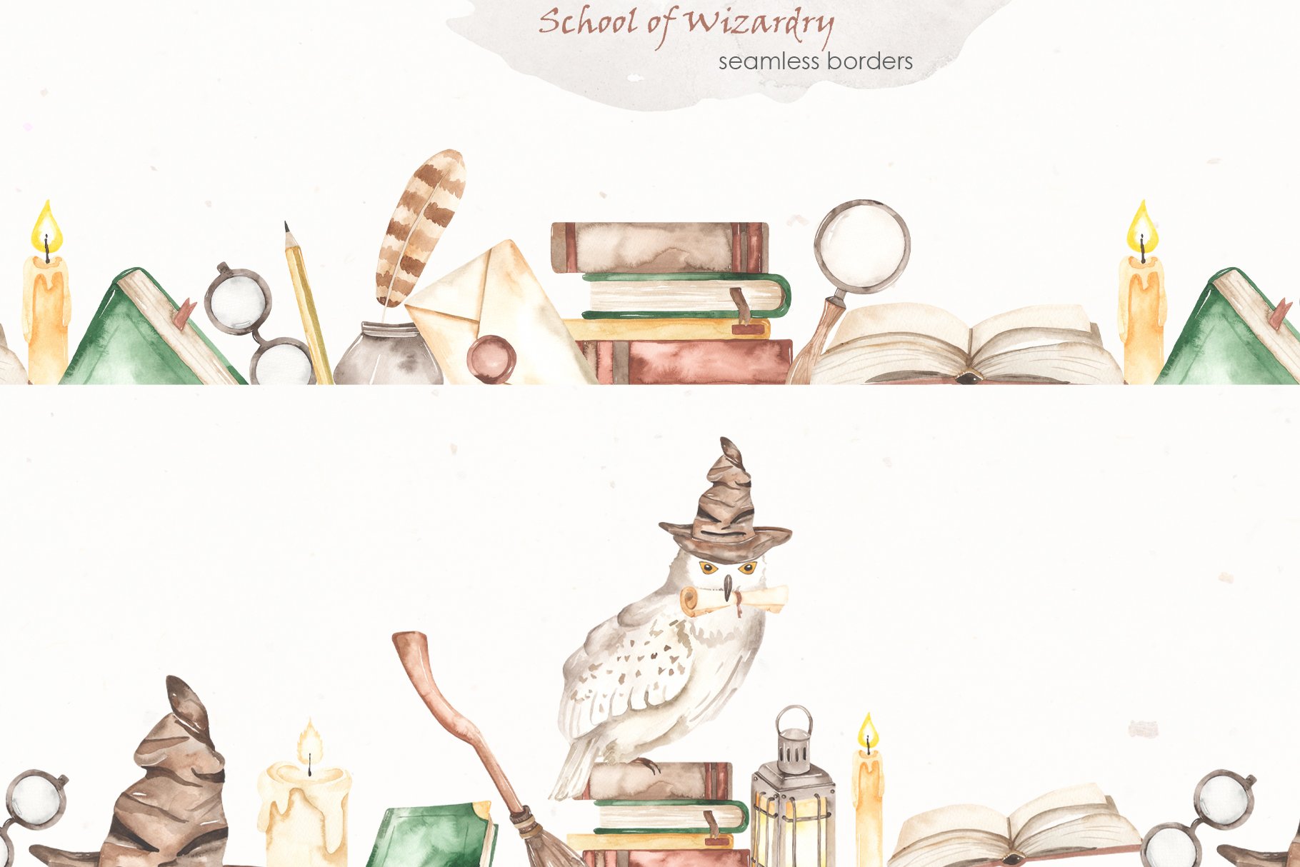School Of Wizardry Watercolor seamless borders preview.