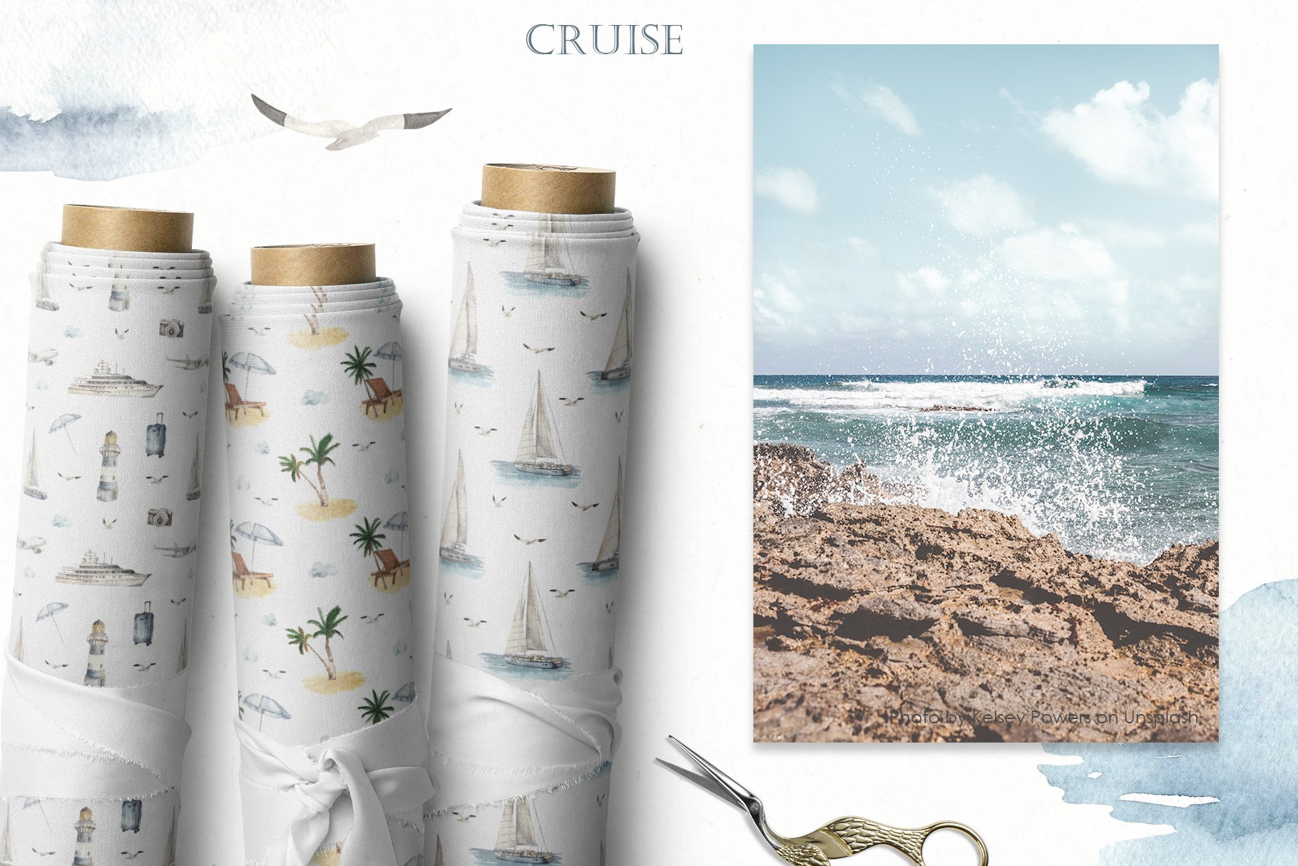 Cruise Watercolor Collection with cruise seamless patterns.