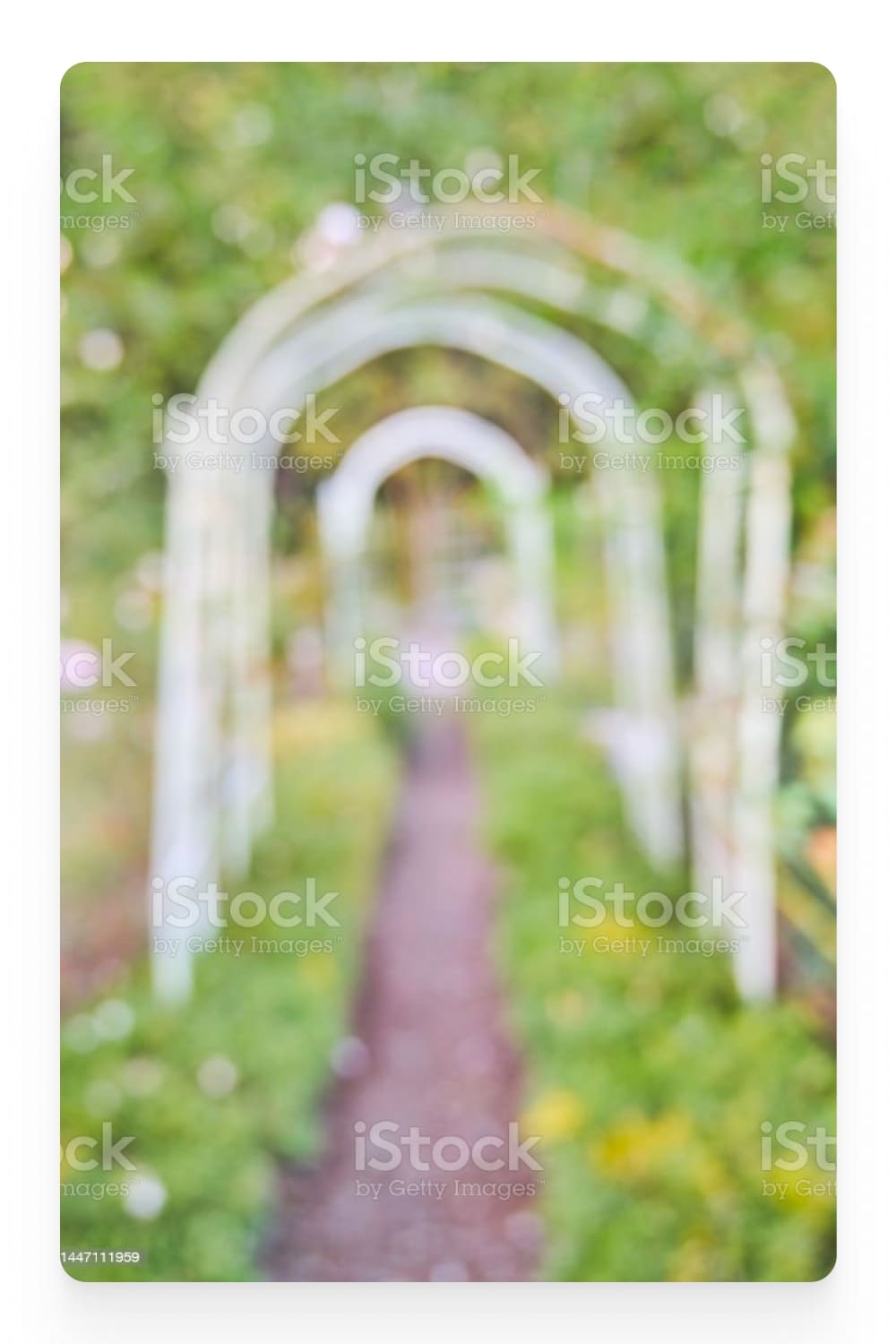 Blurred photo of white arches over walkway.
