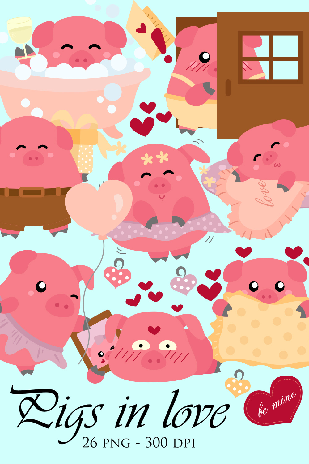 Pig in Love Vector Clipart Illustrations Pinterest collage image.