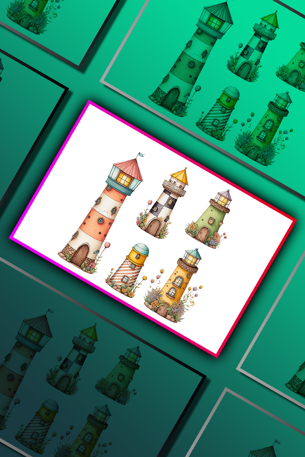 Colorful Watercolor Lighthouses Set - Pinterest.