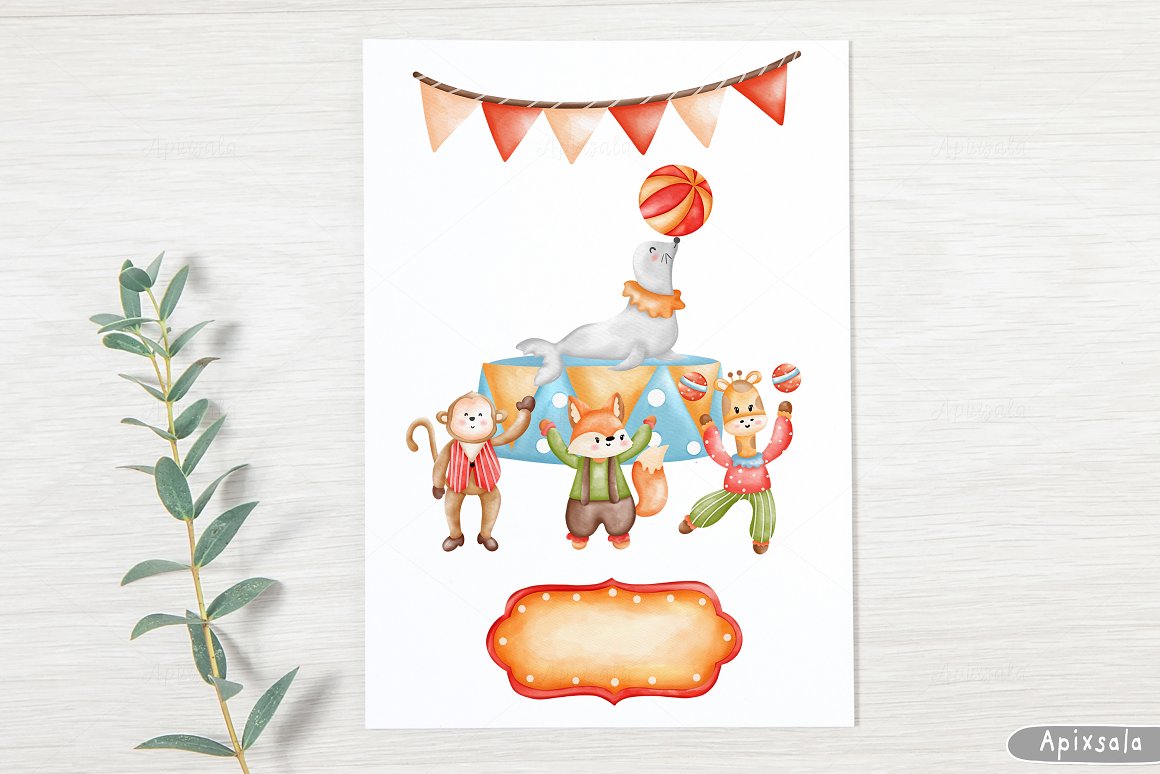 White card with illustrations of circus animals and elements.