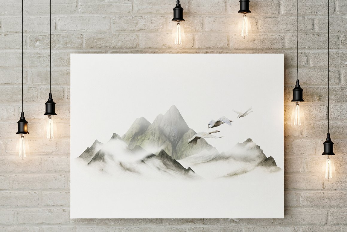 Watercolor drawing of mountains on the white canvas.