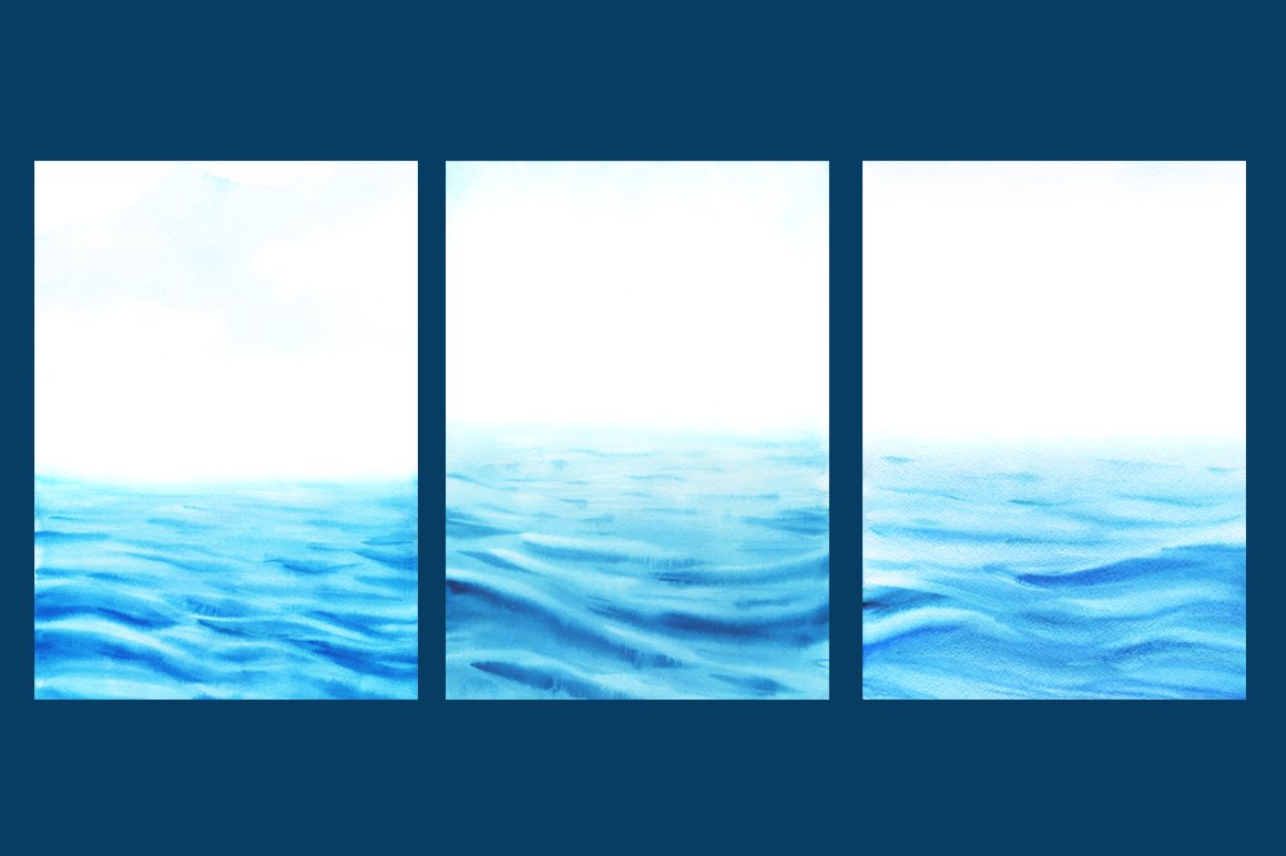 3 vertical different watercolor sea textures on a blue background.