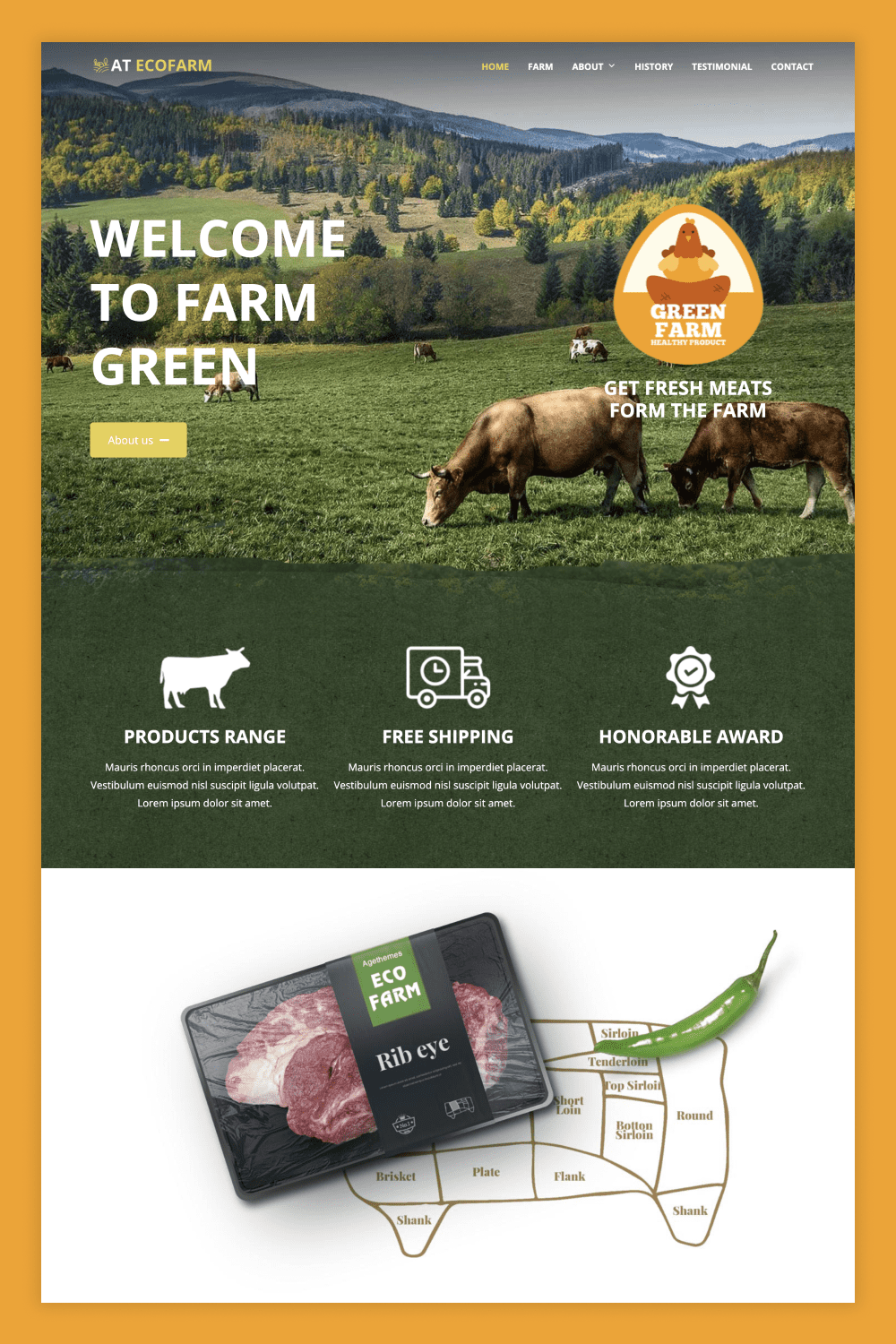Screenshot of a landing page with photos of cows in the field, benefits and packaging of meat.