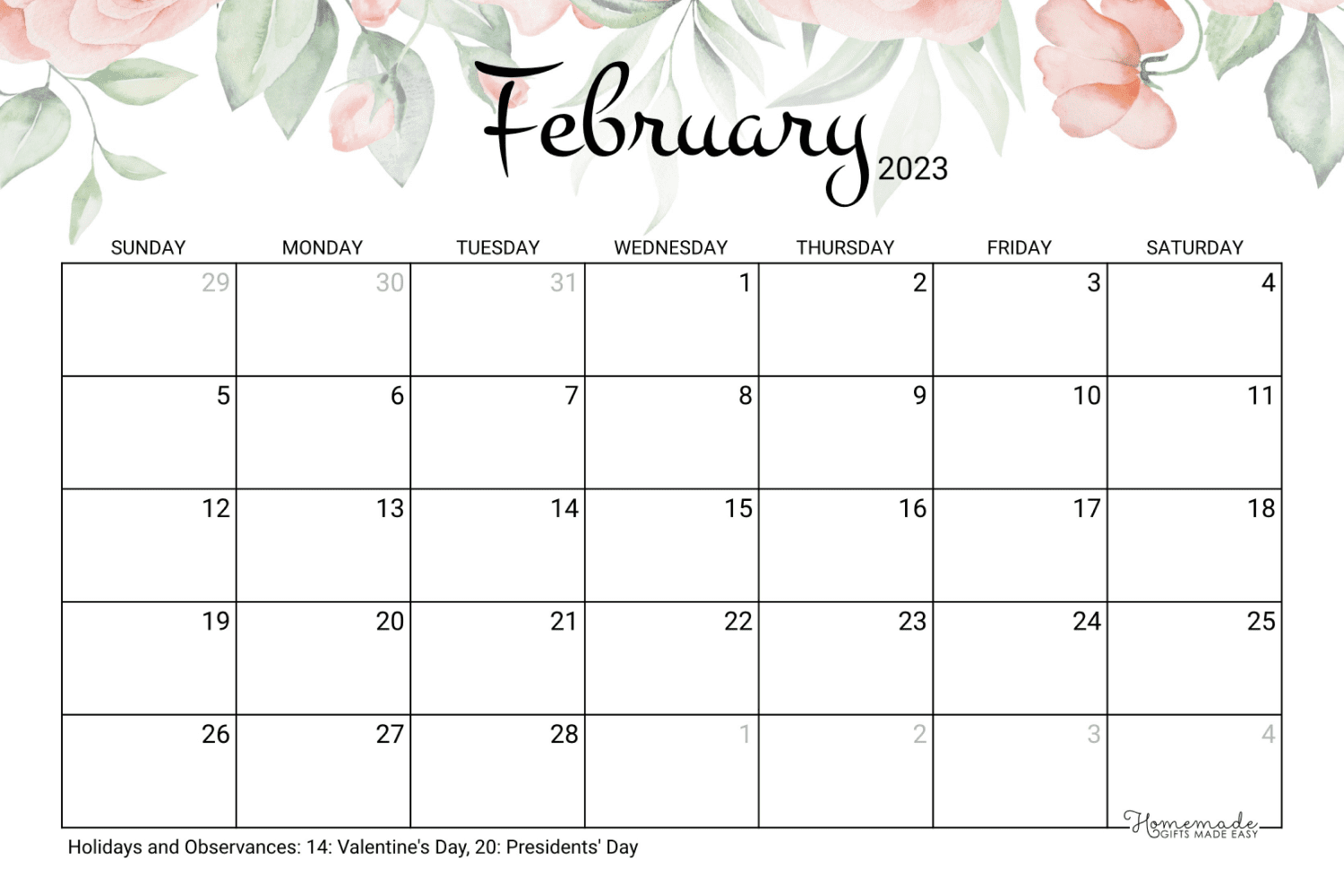 February calendar with watercolor flowers on top and listing national holidays.