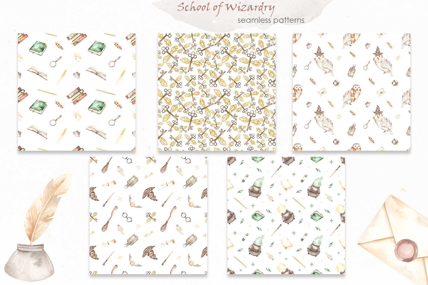 School Of Wizardry Watercolor seamless patterns preview.