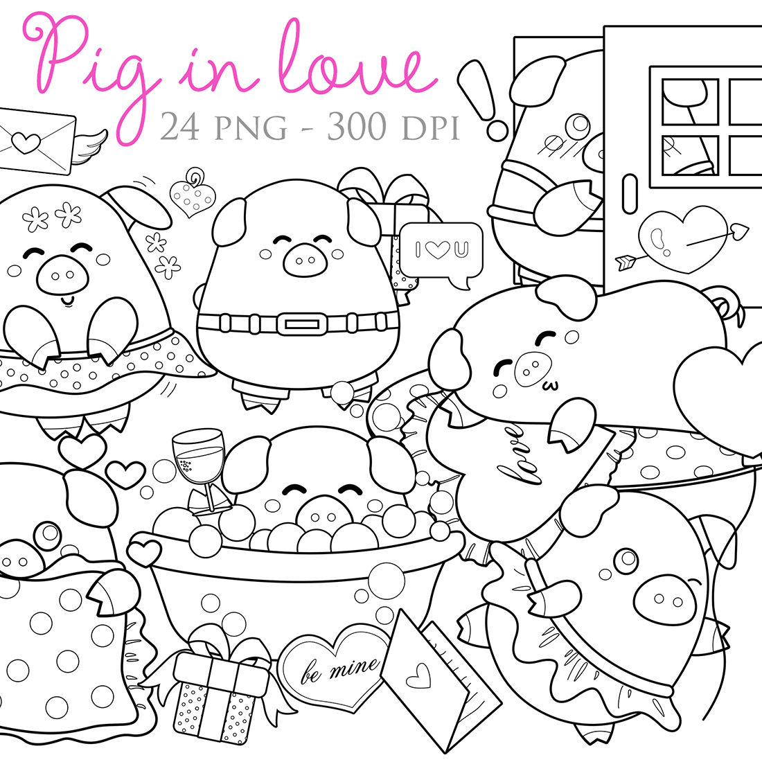 Lovely Pig in Love Valentine Scrapbook Digital Stamp.