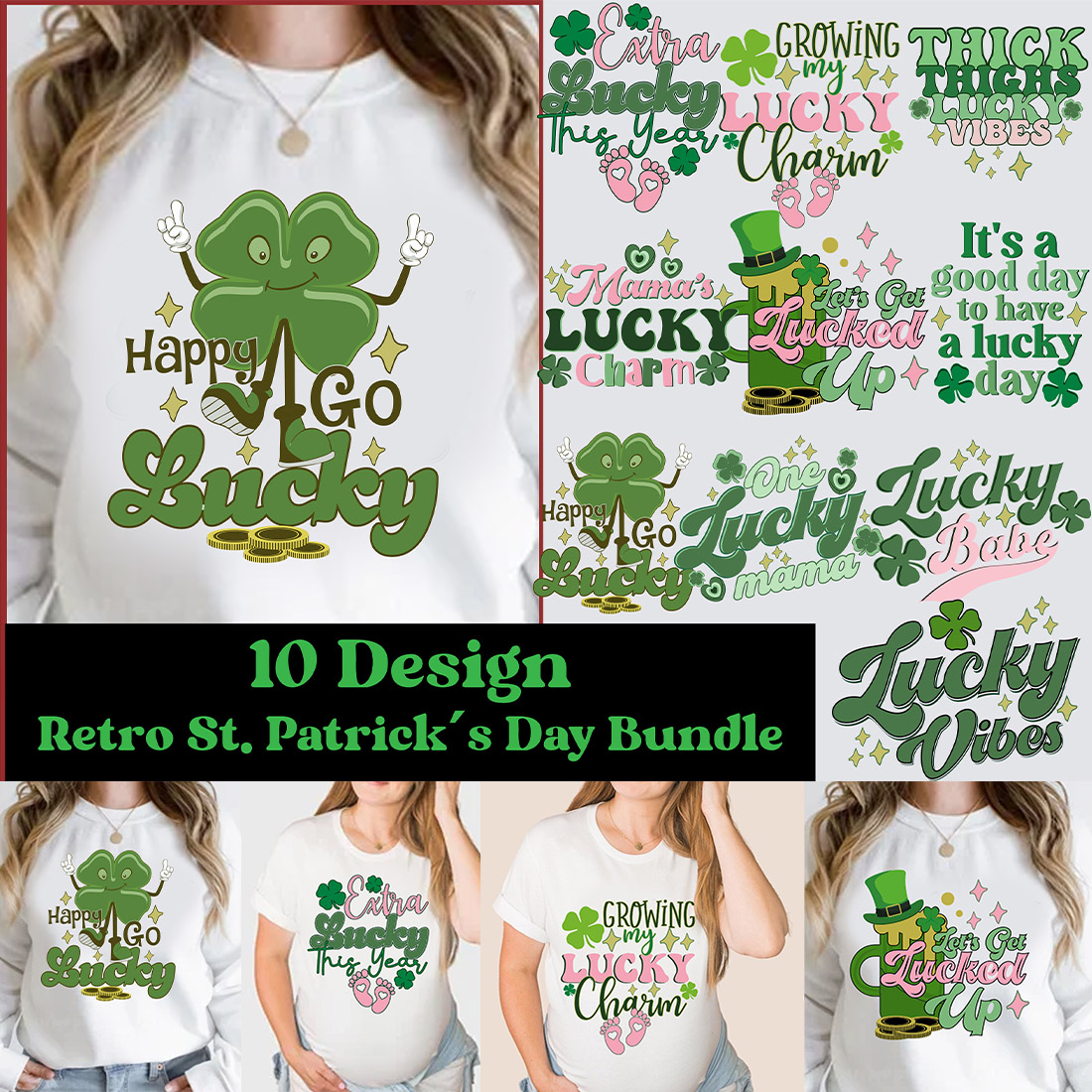 Retro Lucky St. Patrick's Day T-shirt Design Bundle cover image.
