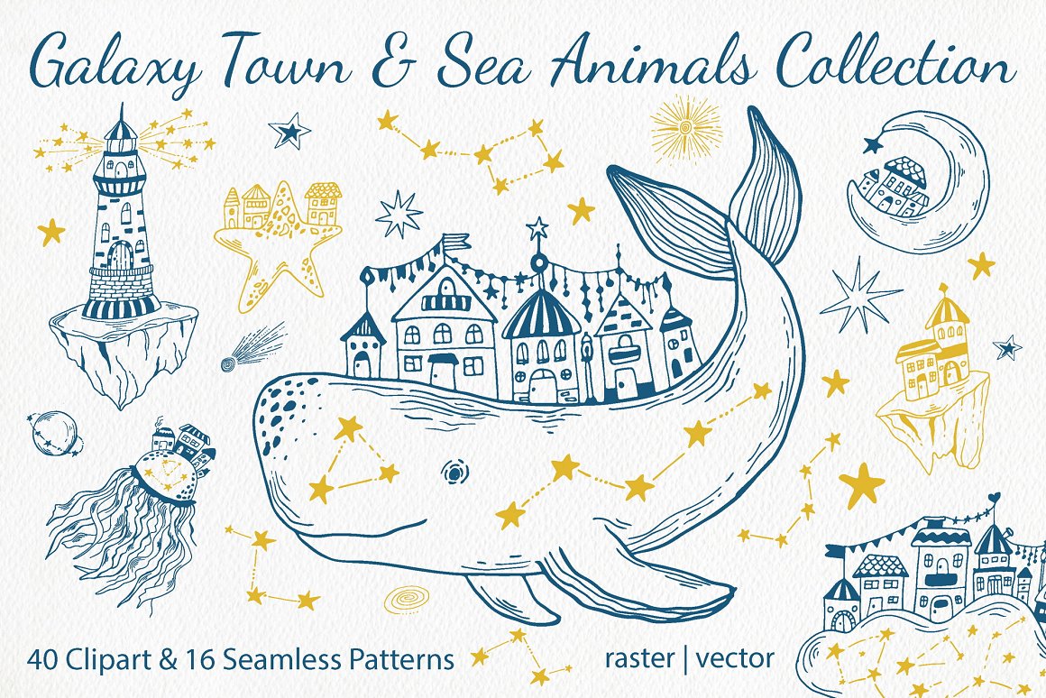 Cover with blue lettering "Galaxy Town & Sea Animals Collection" and different illustrations.