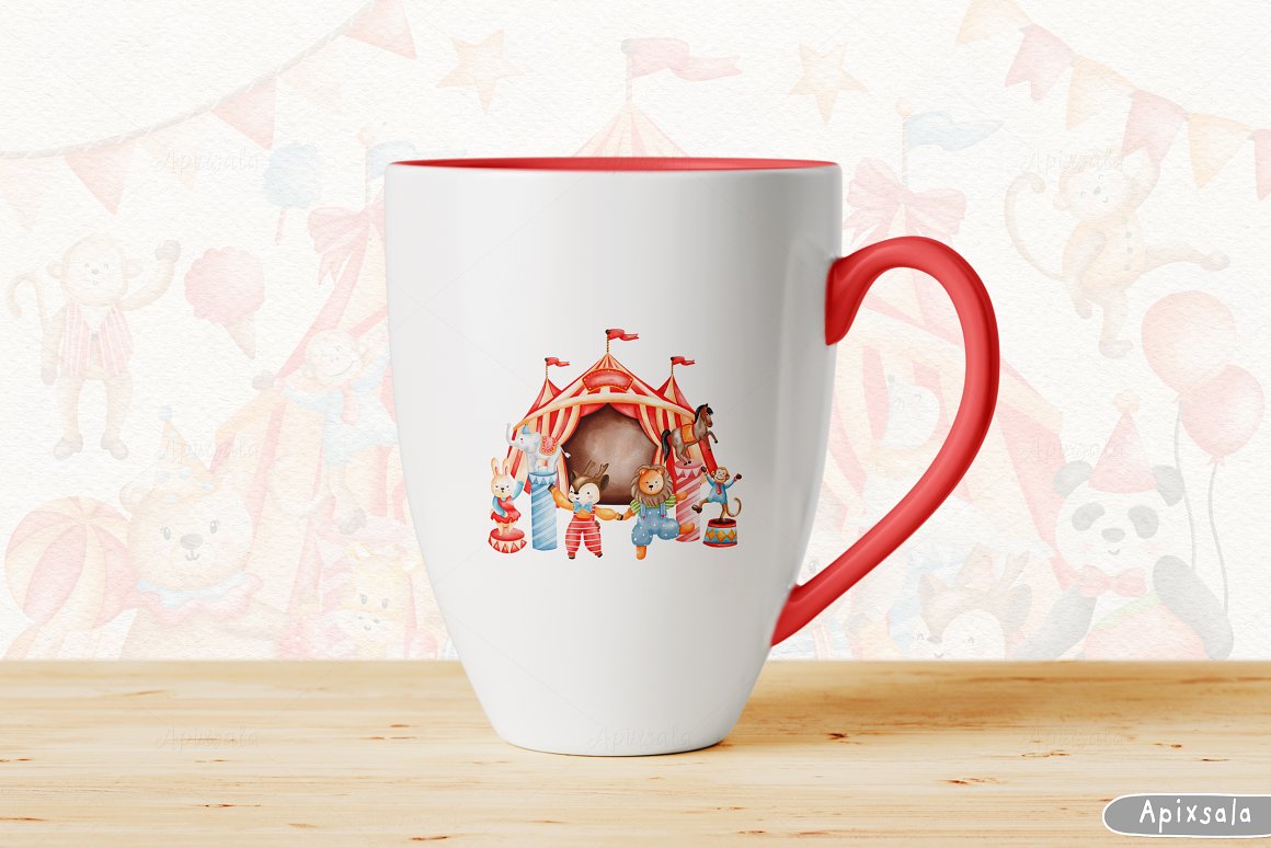 Red and white cup with watercolor circus animals illustration.