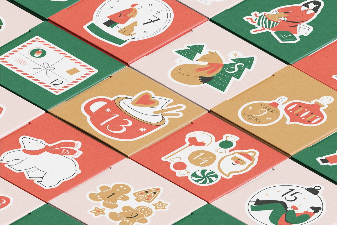 Beige, red, pink and green round cards with christmas illustrations.